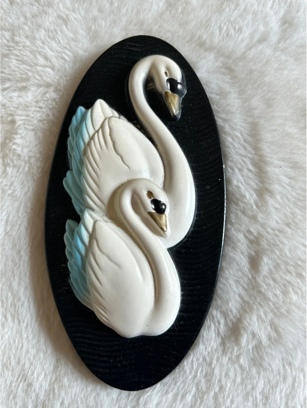 Vintage Ceramic Wall Plaque Featuring Two Swans on Black Oval Base
